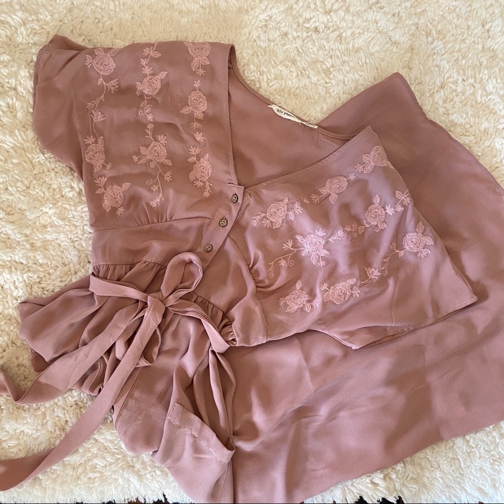 Pink Cinch Waist Floral Embroidered Dress Pockets